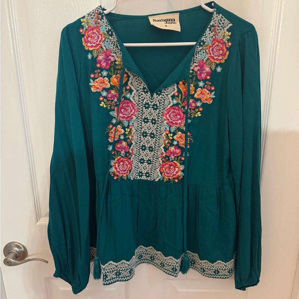 Savanna Jane Teal Floral Embroidered Women's Top